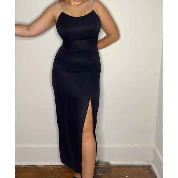 Gunnie Sax Black Tight Midi Dress with Front Leg Slit & Rhinestone Straps 9/10 - Picture 12 of 16